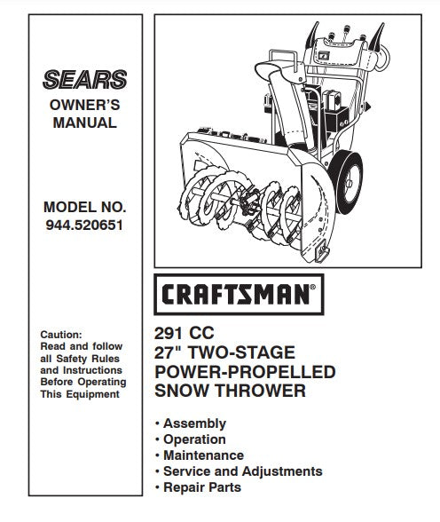 944.520651  Manual for Craftsman 27" Two-Stage Snow Thrower