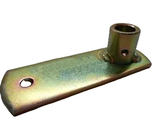 Metal bracket with cylindrical hole on a gray background